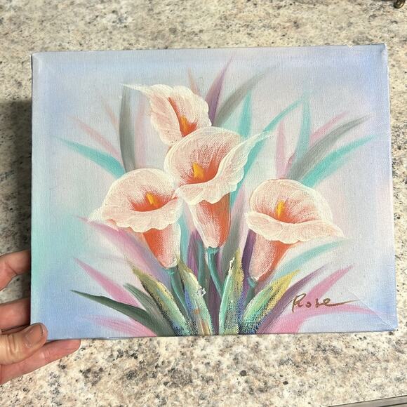 Original acrylic Painting- pink Callie Lillie’s - unframed, vintage wear, damage - Picture 9 of 14